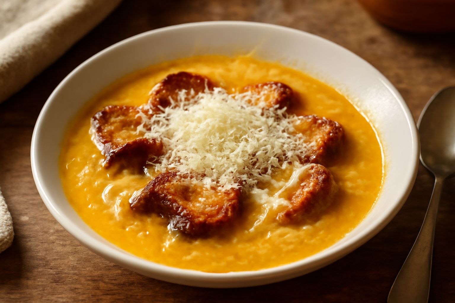 Minestra di pane e formaggio servita in ciotola bianca fonda, cremosa e giallo-dorata, con fette di pane scuro che affiorano nel brodo, grattugia di formaggio crudo sopra, cucchiaio in legno poggiato 