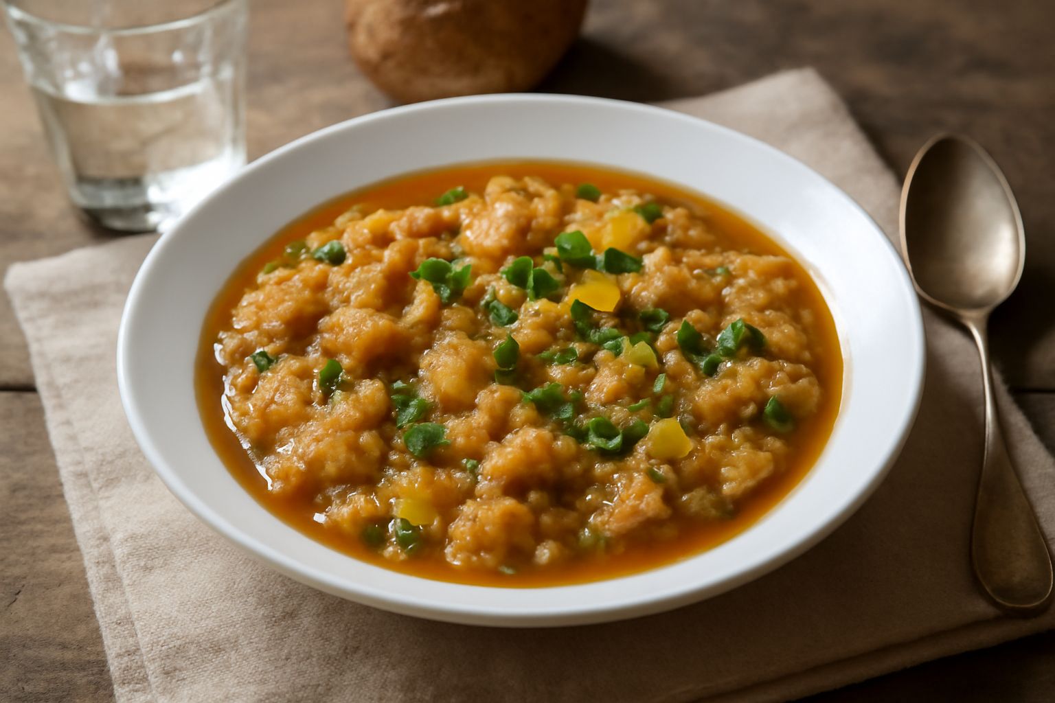 Una ciotola di ceramica bianca con minestra di pane raffermo: brodo trasparente color ambra, pezzi di pane morbido disseminati, verdure tagliate a cubetti, foglie di prezzemolo fresco verde sulla supe