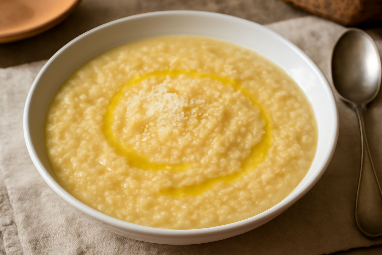 Minestra cremosa in ciotola bianca, con pane spezzettato morbido nel brodo, parmigiano grattugiato in superficie, vapore visibile, cucchiaio di legno dentro, tavolo rustico scuro