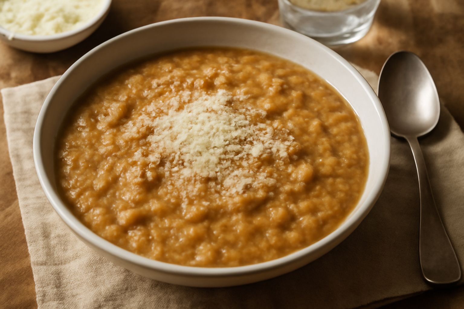 Ciotola di ceramica bianca piena di minestra densa color nocciola, con cubetti di pane tostato ancora visibili, cosparsa di parmigiano grattugiato e una manciata di prezzemolo fresco verde, con cucchi