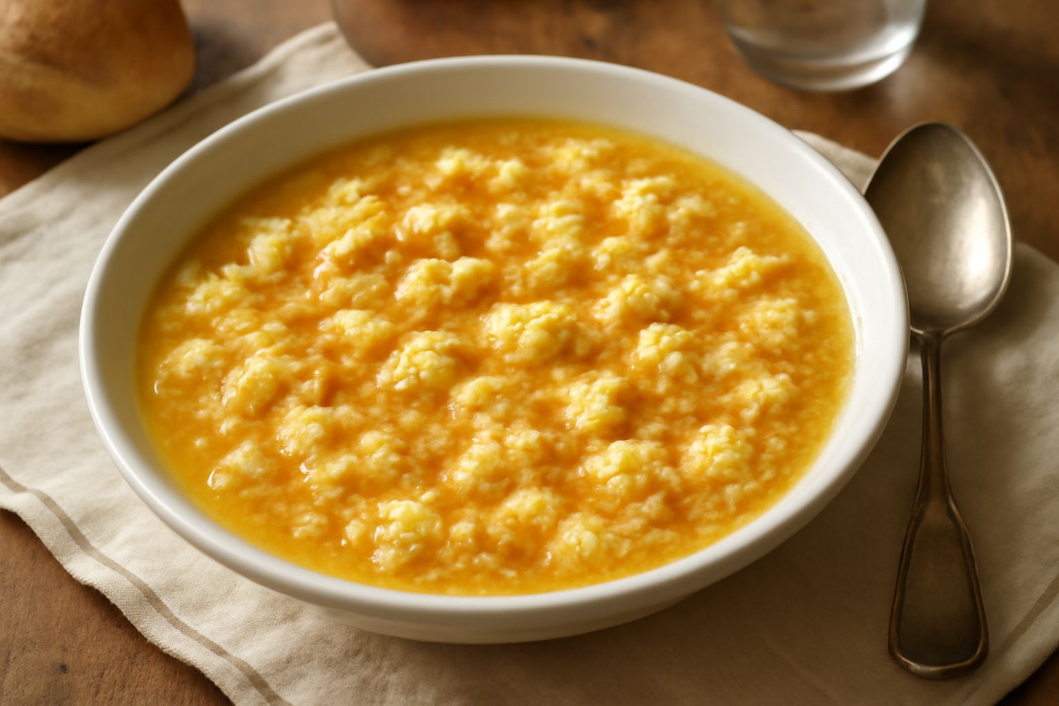 Minestra di pani e ova in ciotola di ceramica bianca: brodo giallo con grumi cremosi di uova cotte e pangrattato tostato, guarnita con prezzemolo tritato verde su superficie dorata
