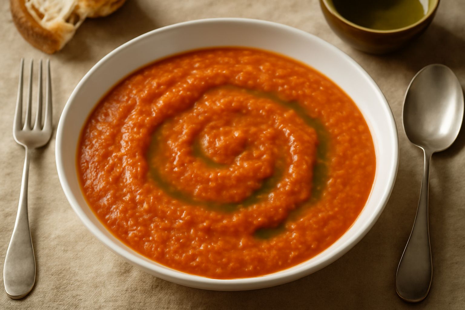 Ciotola di ceramica bianca con minestra di pappa al pomodoro di colore rosso-arancio, cremosa e densa, guarnita con foglie di basilico fresco e filo d'olio d'oliva verde, cucchiaio dentro il piatto, s