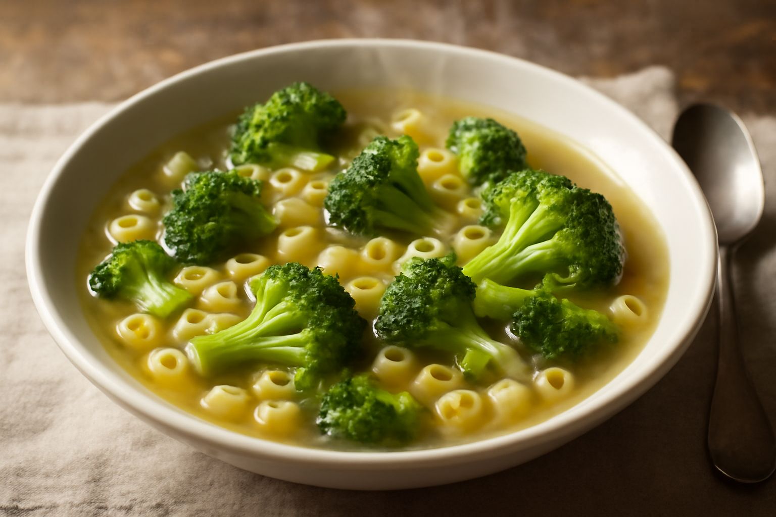 Una ciotola di ceramica bianca con minestra di pasta e broccoli: il brodo trasparente e dorato contiene rigatoni piccoli, pezzi di broccolo verde brillante, un filo di olio crudo sulla superficie, cuc