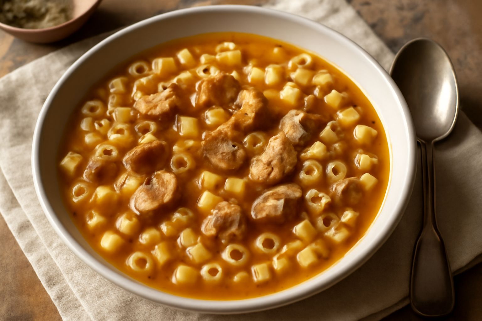 Minestra di pasta e castagne in una ciotola bianca, con brodo trasparente color ambra, pasta corta disciolta, castagne intere e spezzate sommerse nel liquido, una foglia di rosmarino sul bordo, fotogr