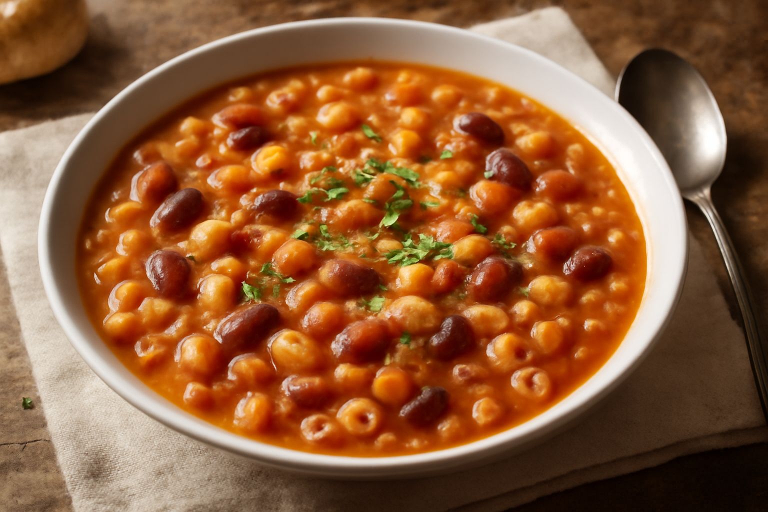 Minestra di pasta e fagioli in ciotola di terracotta bianca, con pasta piccola visibile in brodo denso, fagioli rossi e bianchi ammorbiditi, gocce di olio d'oliva in superficie, accompagnata da fetta 