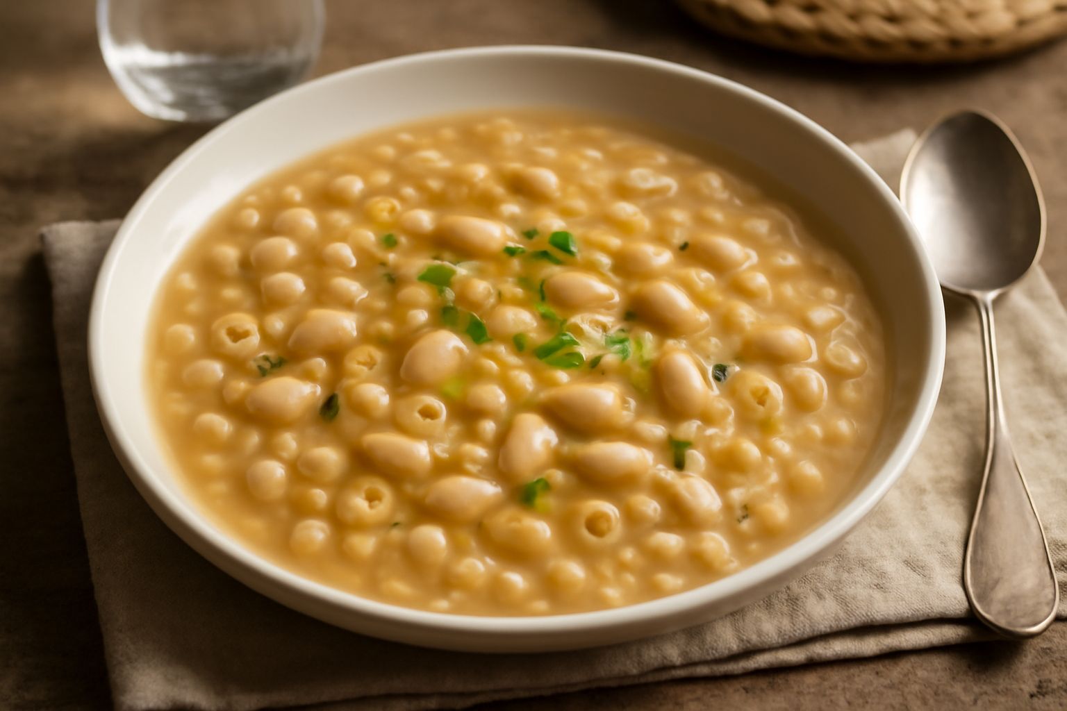 Una ciotola di ceramica bianca con minestra di pasta e fagioli cannellini cremosa di colore beige chiaro, pasta piccola ben visibile, fagioli interi e frammenti dispersi nel brodo, filo d'olio d'oliva