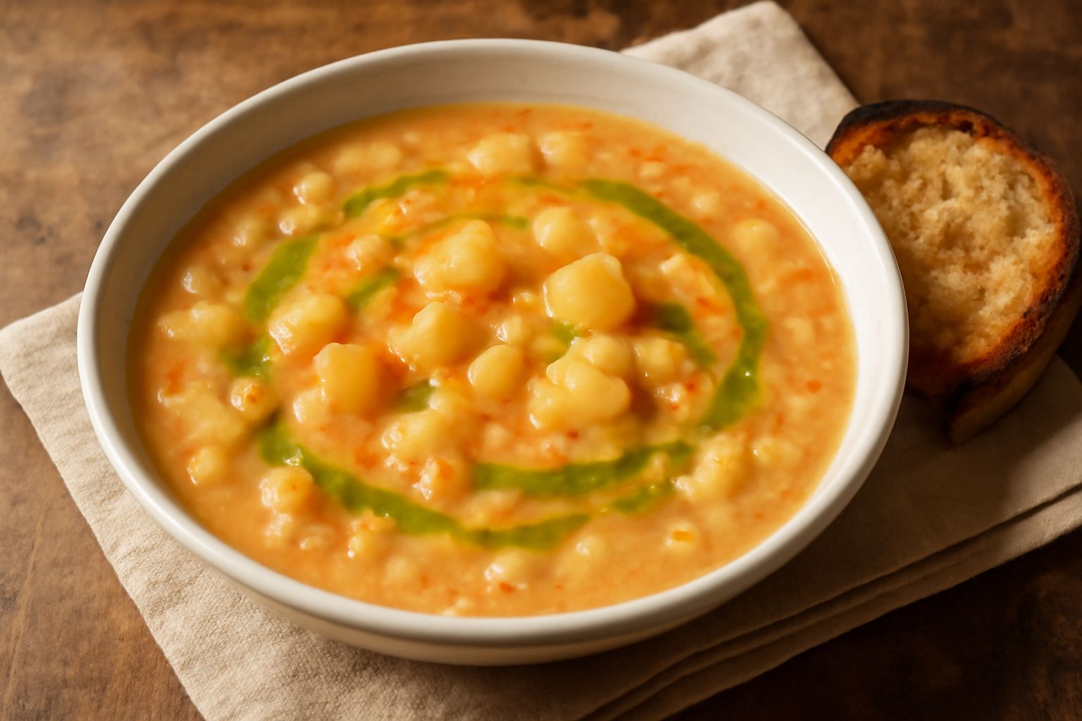 Una ciotola di ceramica bianca con minestra di pasta e patate cremosa, pezzi di patata visibili nel brodo, olio verde sulla superficie, pane tostato accanto su un piatto rustico