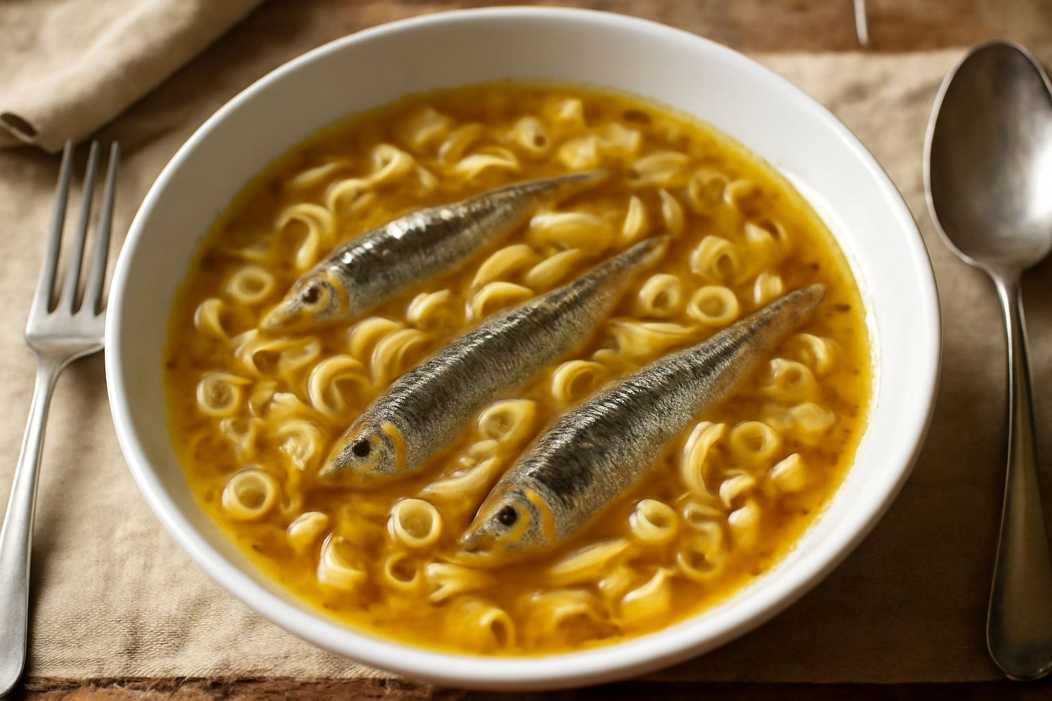 Scodella bianca con minestra di pasta e pesce fumante, pesci interi visibili nel brodo trasparente, pasta corta distribuita, prezzemolo verde in superficie, pane tostato a lato