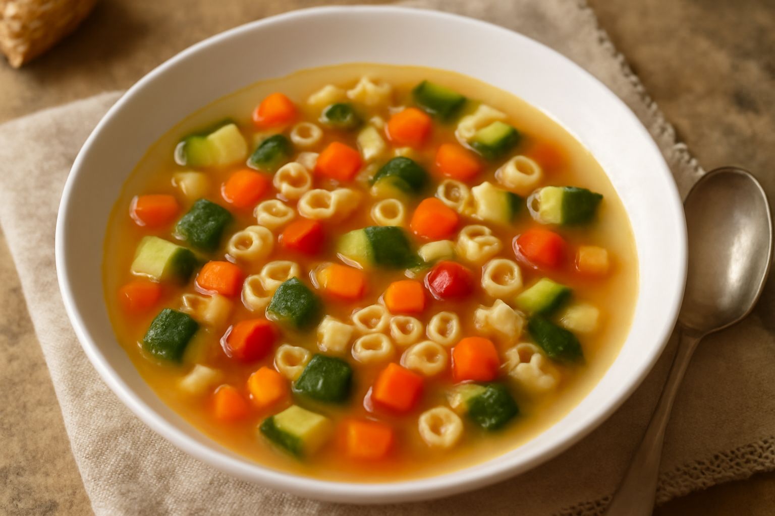 Minestra di pasta e verdure in una ciotola bianca: dadi di zucchine verdi e gialle, carote arancioni, pomodori rossi, pasta piccola immersa in brodo trasparente e caldo, foglia di prezzemolo fresco in