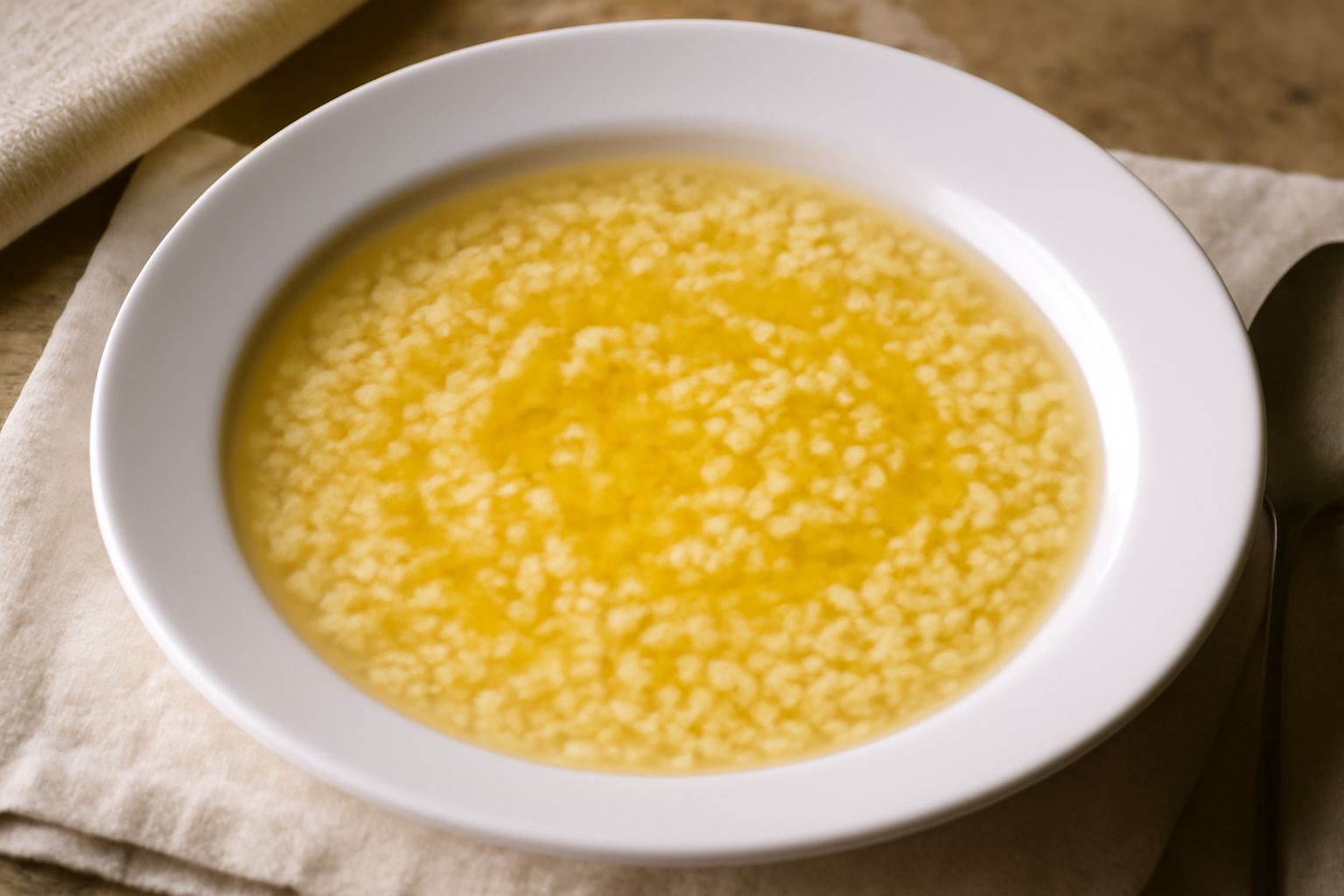 Ciotola di minestra di pastina in brodo trasparente, pastina gialla che galleggia, superficie liscia con gocce di burro fuso, ciotola bianca di ceramica, cucchiaio di legno a lato, vapore leggero