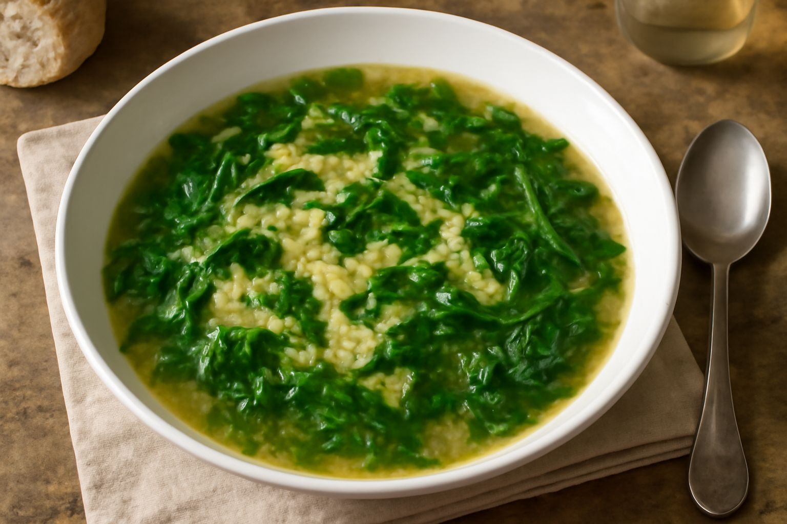Ciotola di ceramica bianca riempita di brodo trasparente con pastina tondeggiante, erbette verdi tenere e un filo di olio d'oliva in superficie, cucchiaio di legno appoggiato al bordo