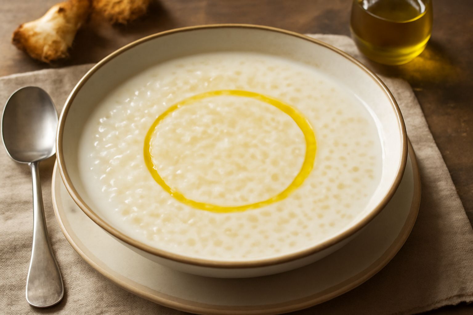 Una ciotola bianca di minestra di pastina e latte, cremosa e fumante, con granelli di pastina visibili nel brodo latteo, un filo di olio d'oliva in superficie e una manciata di prezzemolo fresco trita