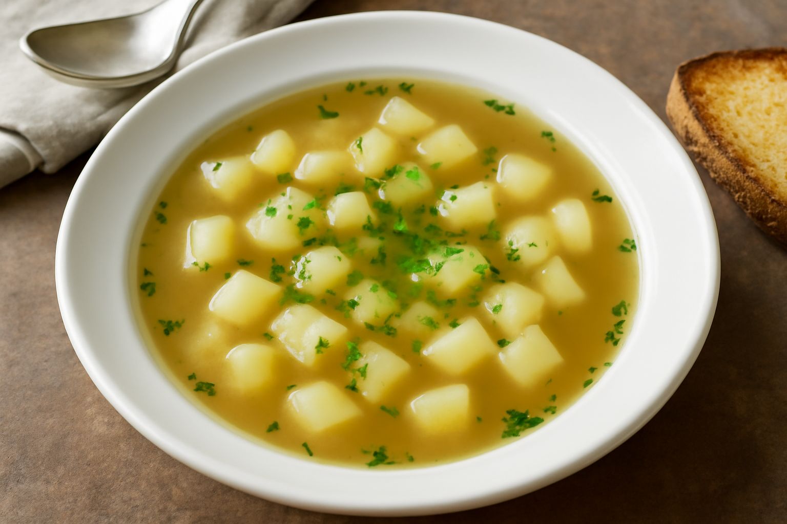 Una ciotola di ceramica bianca con minestra di patate cremosa, patate tagliate a cubetti leggermente evidenti nel brodo, olio verde in superficie, prezzemolo fresco al centro, cucchiaio di legno appog