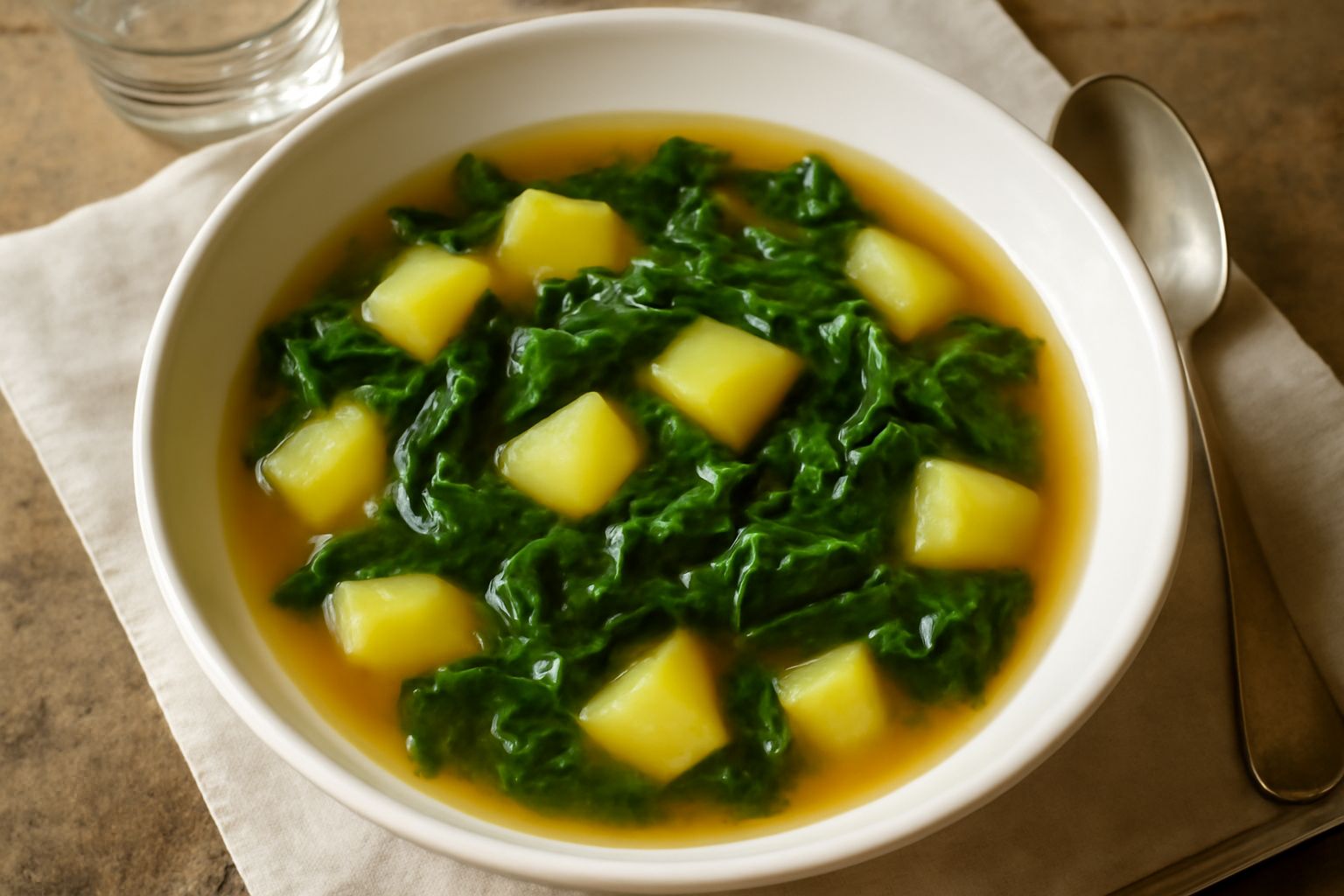 Minestra di patate e bietole servita in scodella bianca: brodo trasparente ambrato, cubetti di patata dorata, strisce di bietola verde scuro, filo d'olio d'oliva in superficie, cucchiaio di legno appo