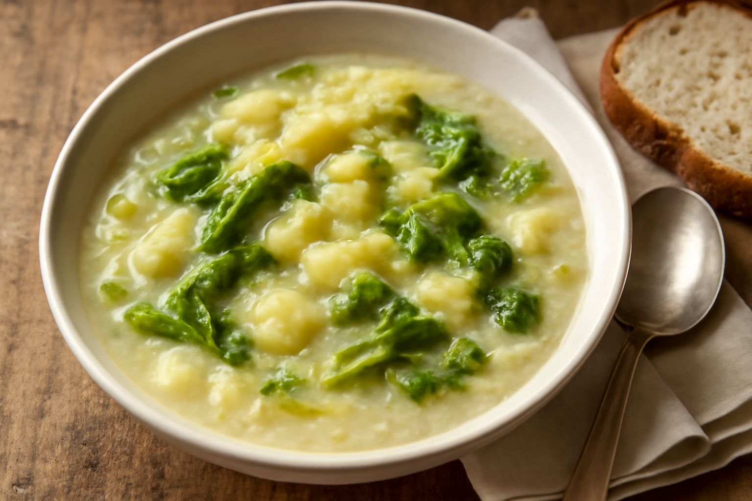 Una ciotola di porcellana bianca contiene minestra di patate e cavolo: pezzi di patata gialla e cavolo verde in brodo trasparente, con un filo di olio d'oliva in superficie e pane tostato sul bordo
