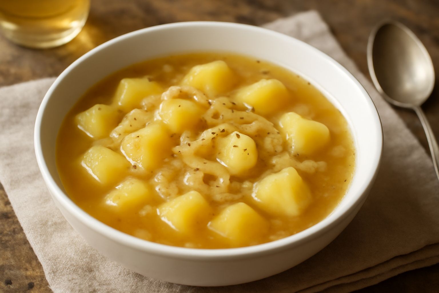 Minestra di patate e cipolla in ciotola bianca, con patate dorate e cipolla morbida immersa in brodo traslucido, guarnita con prezzemolo fresco e filo di olio d'oliva