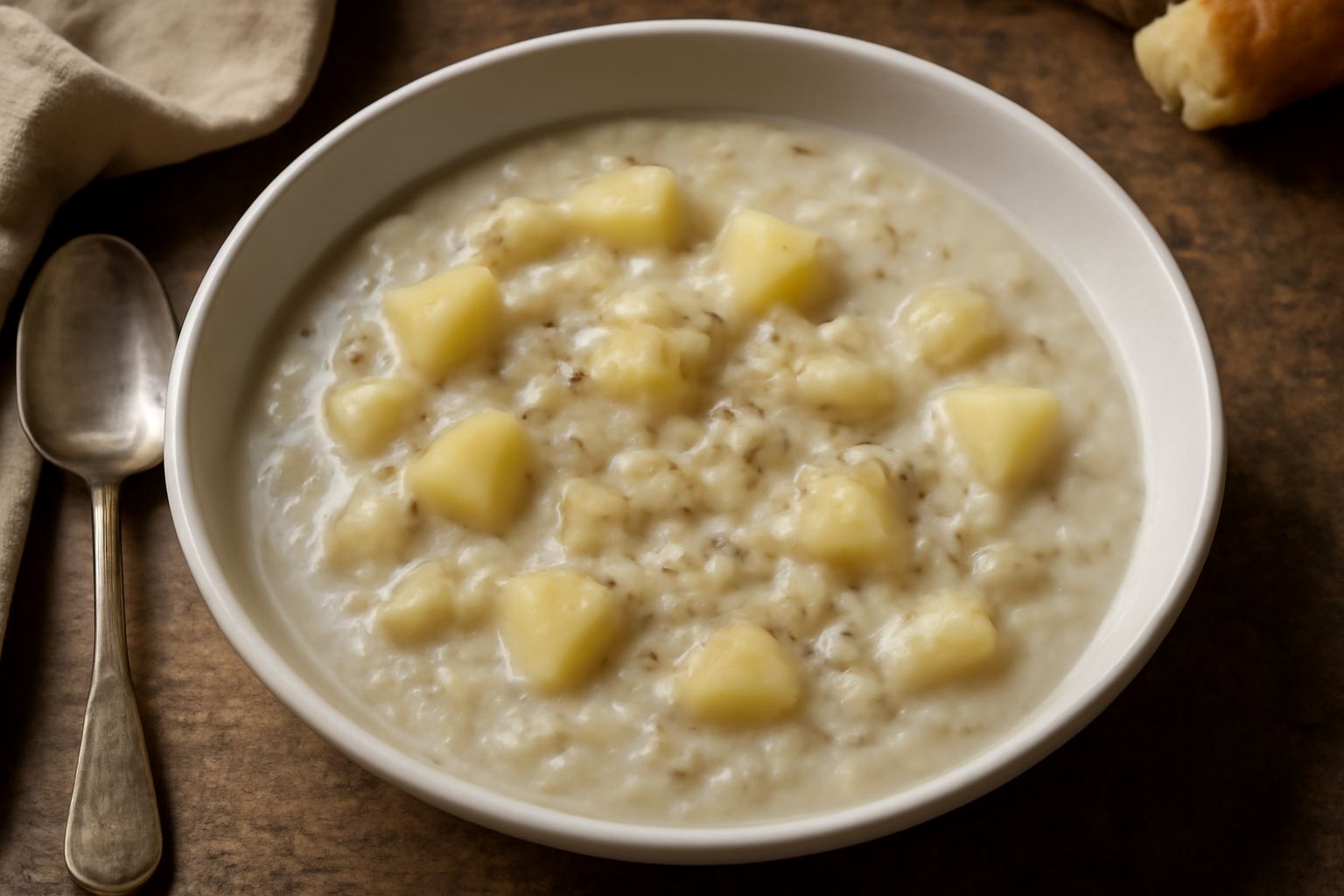 Minestra di patate e cipolle servita in ciotola bianca con filo di olio extravergine e pane tostato a lato, vapore leggero che sale dal piatto