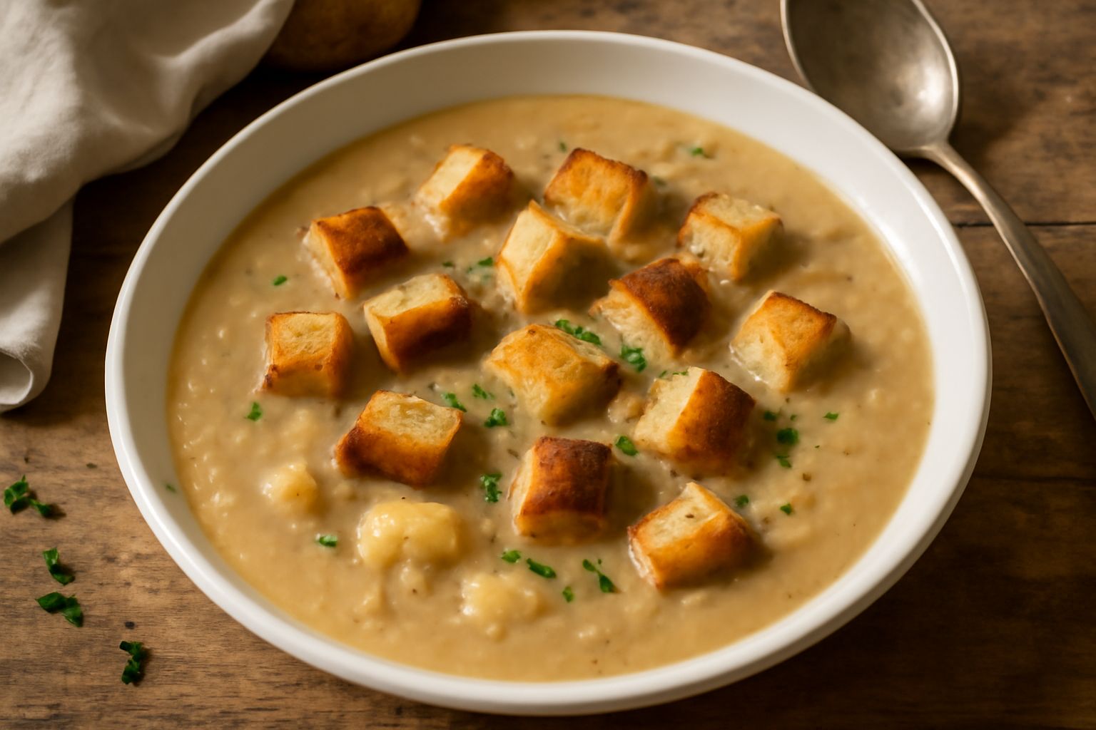 Minestra densa in ciotola di ceramica bianca, con patate ridotte a crema beige, cubetti di pane tostato dorato sparsi in superficie, filo di olio d'oliva verde, cucchiaio di legno poggiato sul bordo