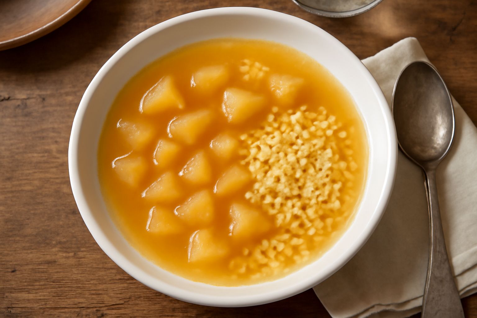 Minestra di pere in una ciotola bianca, con pezzi di pera morbida in brodo trasparente dorato, foglioline di menta fresca, servita su tavolo in legno chiaro