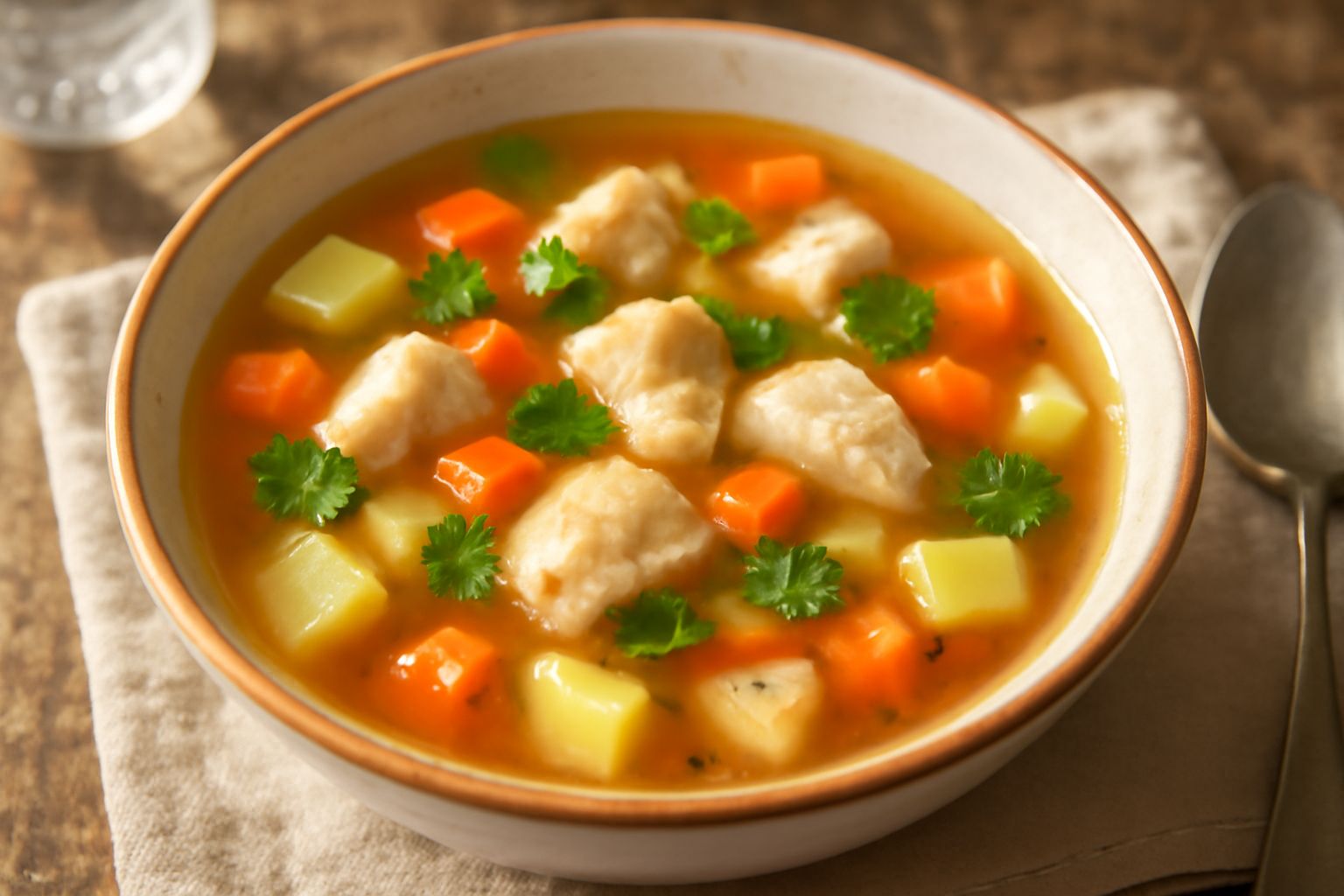 Una ciotola di minestra di pesce con brodo trasparente, pezzetti di pesce bianco, cubetti di patate, carote tagliate, prezzemolo fresco e fette di pane tostato accanto