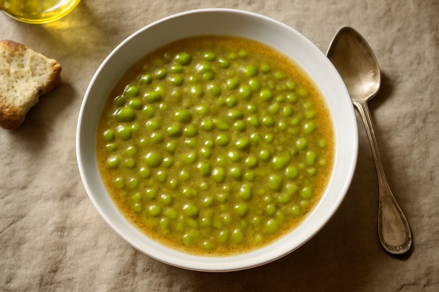 Minestra di piselli in ciotola bianca, brodo trasparente dal colore nocciola, piselli verdi visibili, superficie con leggera schiuma, fette di pane tostato accanto, cucchiaio di legno immerso