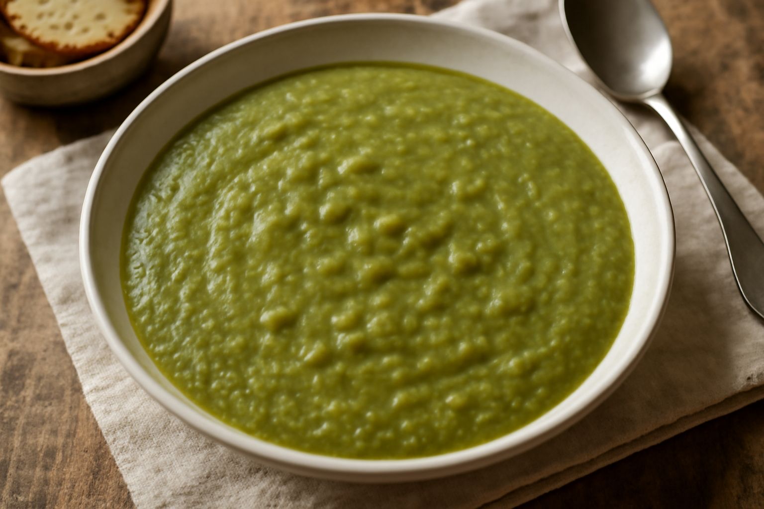 Una ciotola di minestra di piselli secchi color verde salvia, densa e cremosa, servita in un piatto bianco fondo, con un filo di olio in superficie, un pezzetto di pane tostato accanto e un cucchiaio 