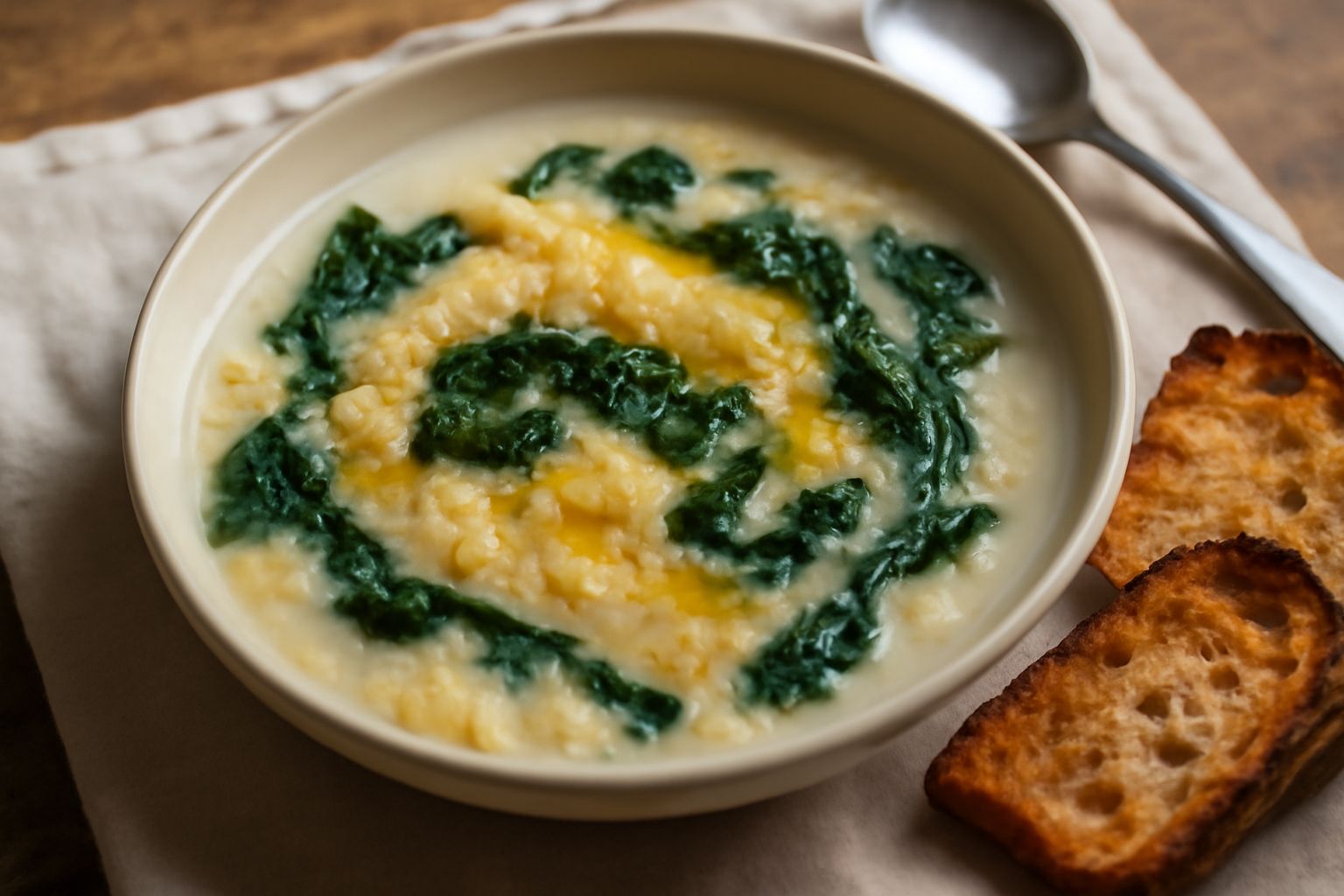 Ciotola di minestra di polenta e cavolo con cavolo scuro che emerge dal brodo cremoso bianco, gocce di olio d'oliva dorato in superficie, pane tostato accanto