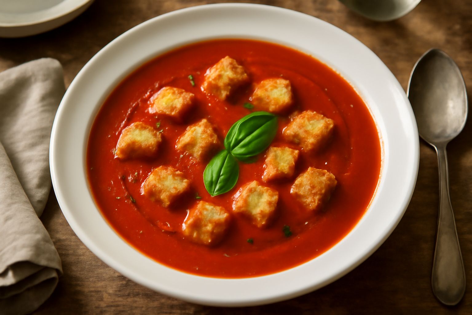Una ciotola bianca con minestra di pomodoro rosso intenso, con crostini di pane tostato in superficie, filo di olio verde oliva, basilico fresco e cucchiaio di ceramica