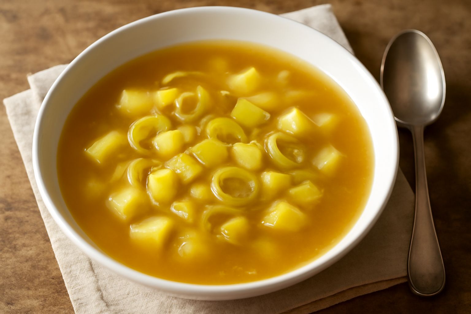 Minestra di porri e patate in ciotola bianca, brodo trasparente con pezzi di porro bianco e patate gialle, pepe nero macinato in superficie, cucchiaio di legno poggiato sul bordo
