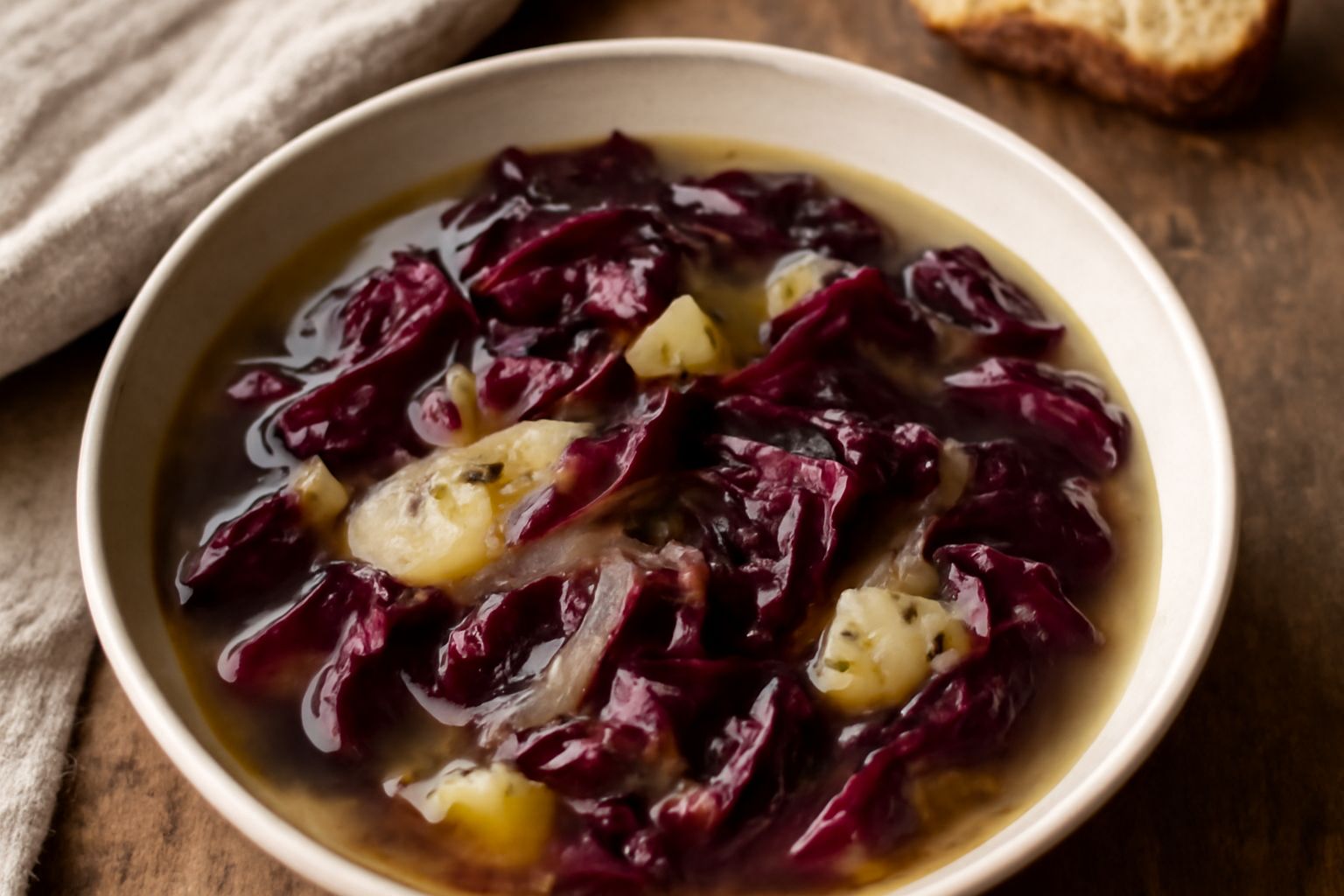 Una scodella di ceramica bianca contiene minestra di radicchio fumante: brodo ricco e traslucido con pezzi di radicchio rosso scuro, patate morbide, cipolla bionda e un filo d'olio d'oliva in superfic