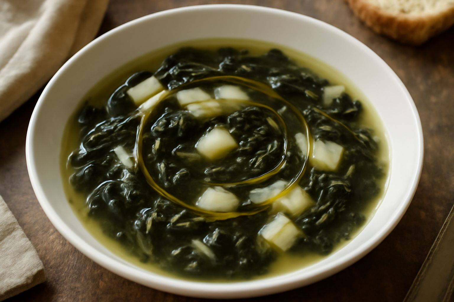 Minestra di radicchio selvatico in piatto bianco fondo: brodo trasparente con pezzi di radicchio verde scuro, patate bianche, cipolla color avorio, gocce di olio d'oliva in superficie, pane tostato ac