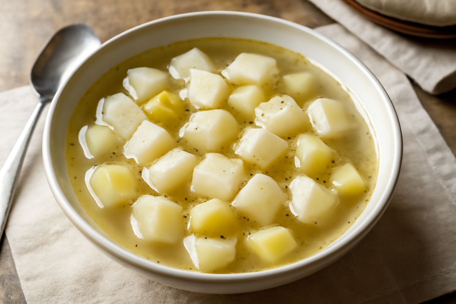 Minestra di rapa bianca servita in ciotola di ceramica bianca, brodo chiaro con pezzi di rapa e patata, un filo d'olio verde in superficie, crostini di pane scuro sul lato del piatto