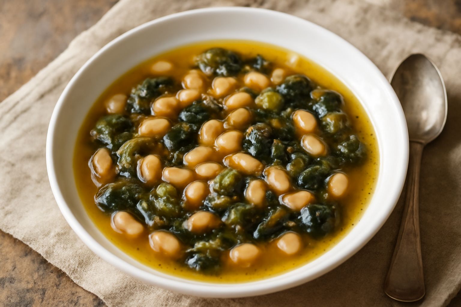 Minestra di rapa e fagioli in ciotola bianca fonda, con brodo trasparente, chicchi di fagioli bianchi e cremosi, pezzi di rapa verde scuro, cucchiaio di legno poggiato sul bordo, pane tostato grigio a