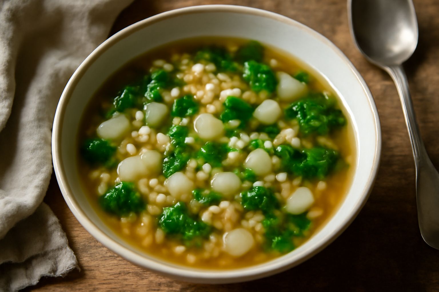 Una ciotola di ceramica bianca con minestra di rapa e orzo, rapa bianca e verde tagliata a pezzetti, orzo perlato visibile in brodo trasparente, cucchiaio di legno appoggiato al bordo, tavolo di legno
