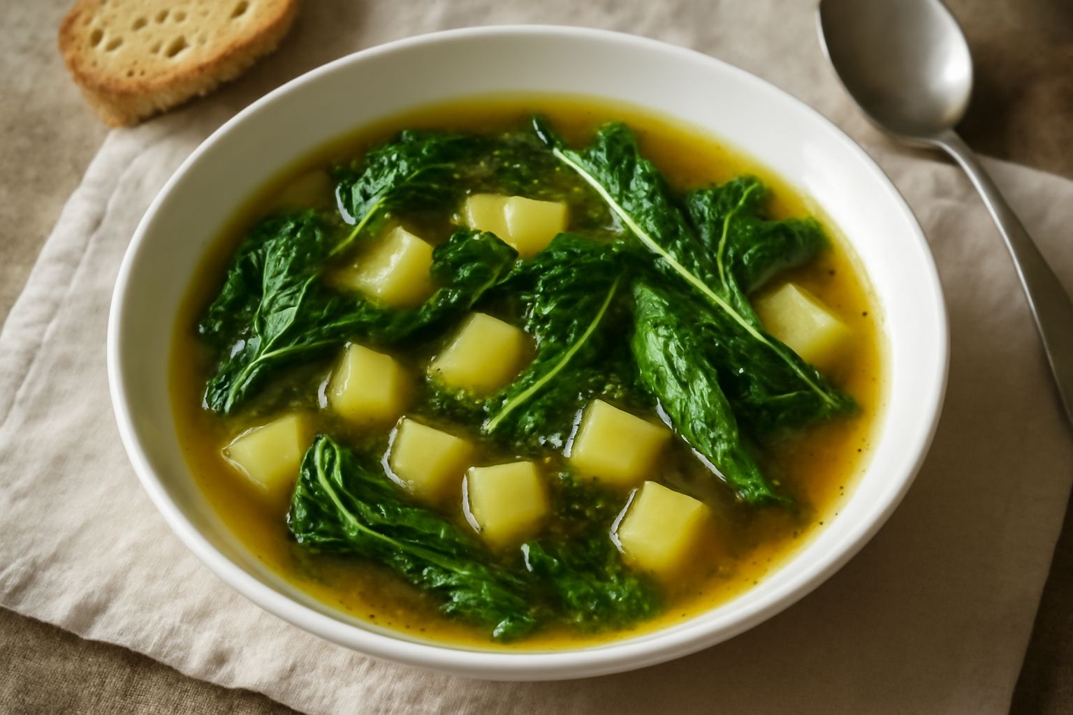 Ciotola di ceramica bianca con minestra di rapa e patate: brodo trasparente e leggermente dorato, cubetti di patata morbidi, fette di rapa verde scuro, filo di olio d'oliva in superficie, cucchiaio di