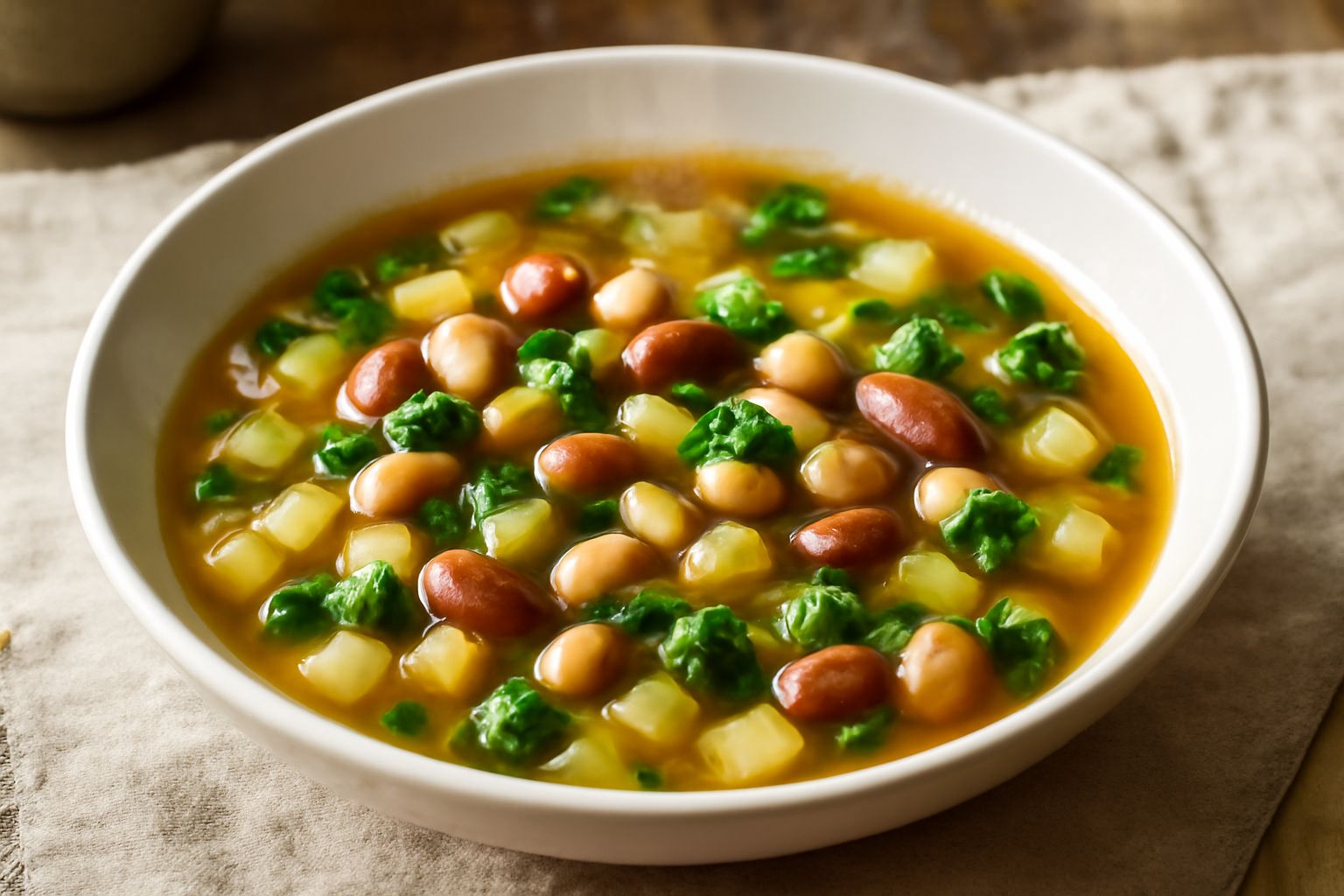 Una ciotola bianca con minestra di rape e fagioli: brodo trasparente color ambra, pezzi di rape verdi e bianche, fagioli beige e rossi visibili in superficie, finito con filo d'olio verde scuro