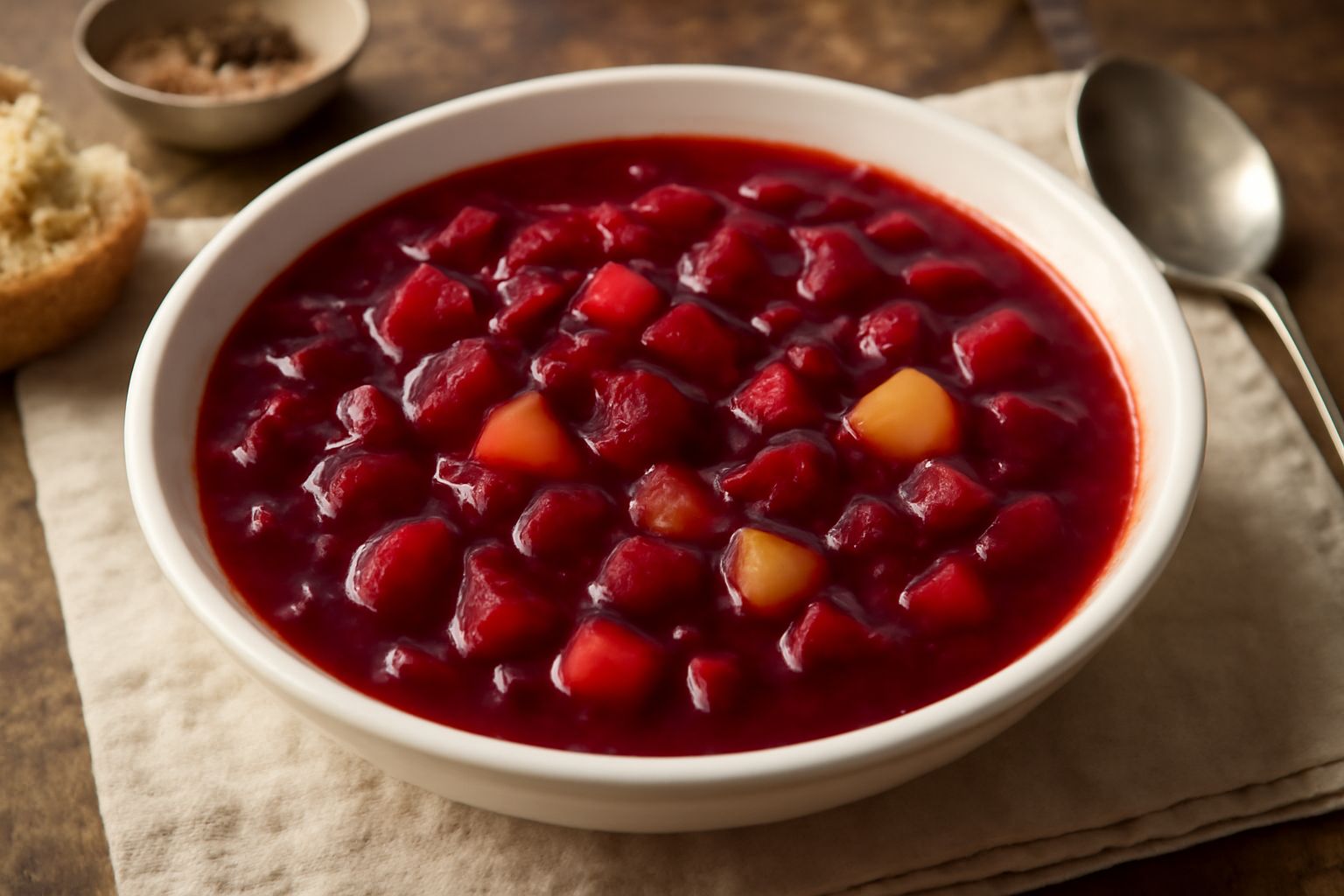 Minestra di rape rosse in una ciotola bianca, con dadini di rape rosse scuro, brodo trasparente, verdure cotte, cucchiaio di legno di lato, vapore leggero dalla superficie