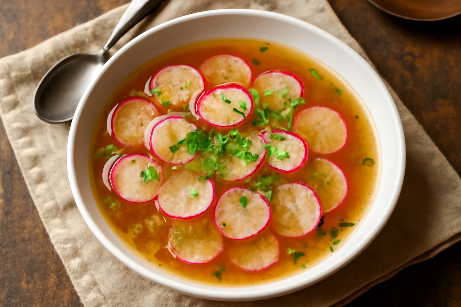 Minestra di ravanelli in ciotola di ceramica bianca con brodo trasparente ambrato, fettine di ravanello rosa e bianche, cipolla ammorbidita, prezzemolo fresco verde intenso tritato in superficie, cucc