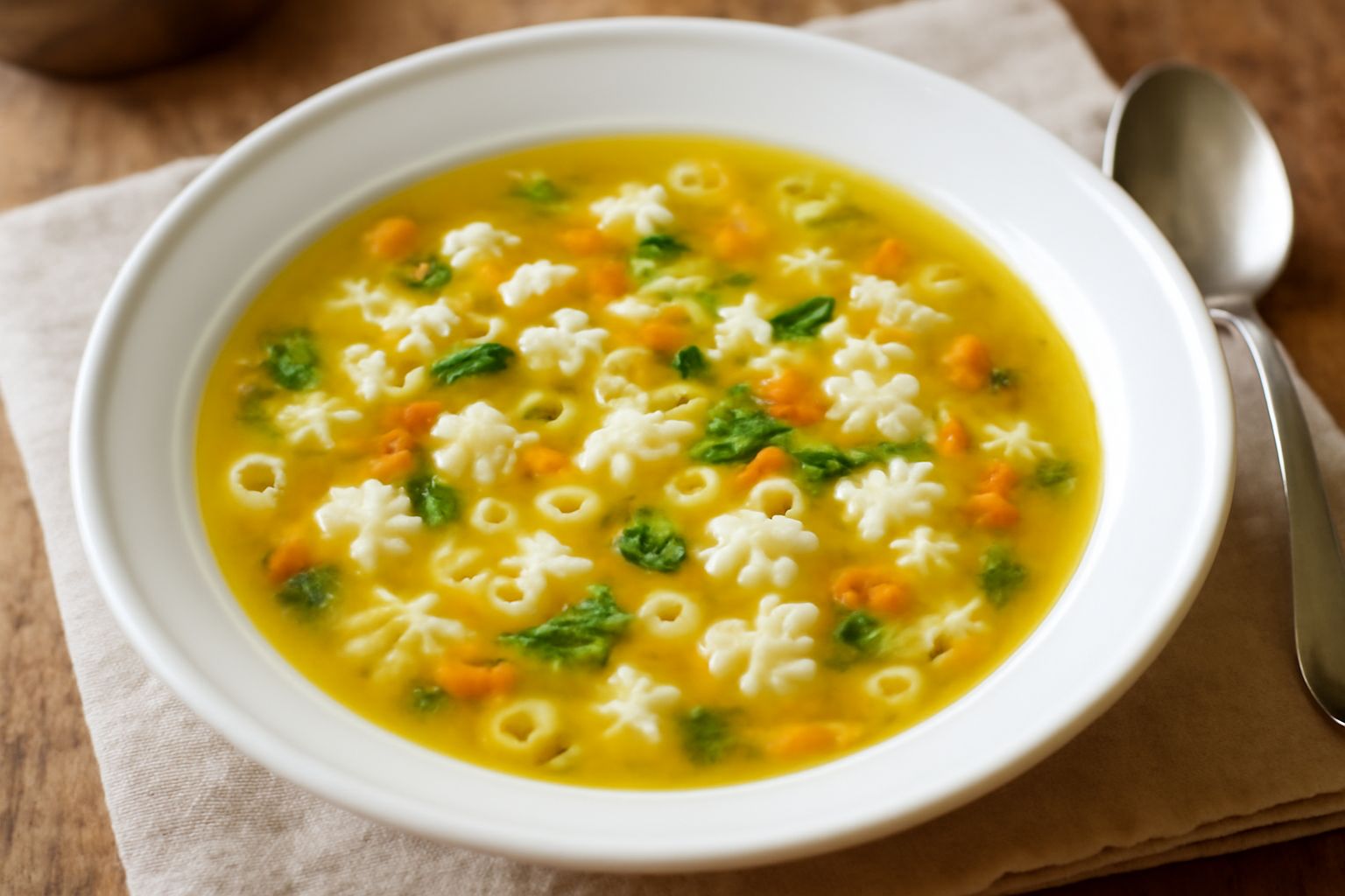 Minestra di ricotta in ciotola di ceramica bianca, brodo trasparente color oro, ricotta sciolta in piccole nuvole, verdure verdi e pasta piccola visibile, pane tostato sul bordo del piatto