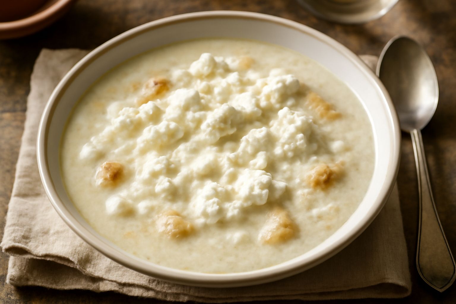 Una ciotola bianca di ceramica contiene minestra cremosa beige con piccoli pezzi di pane, una cucchiaiata di ricotta bianca in superficie, pepe nero e prezzemolo fresco verde, servita su tavolo in leg