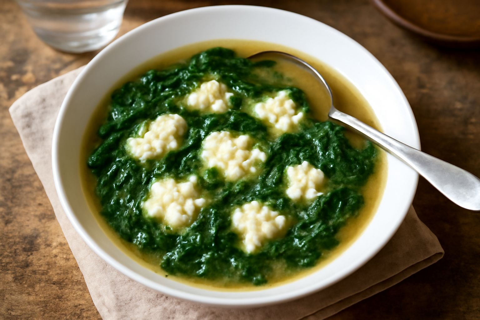 Minestra di ricotta e spinaci in ciotola bianca, con ricotta bianca che emerge dal brodo giallo, spinaci verdi scuri in superficie, pepe nero e parmigiano grattugiato, cucchiaio di legno appoggiato su