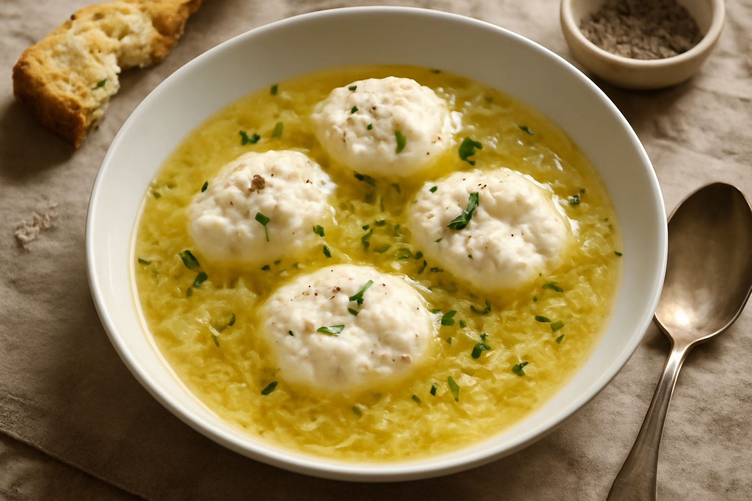 Minestra di ricotta e uova in ciotola bianca, brodo trasparente con fili di uovo bianchi e grumi di ricotta gialla, pezzetti di verdura verde, condita con pepe nero e erba cipollina fresca tritata