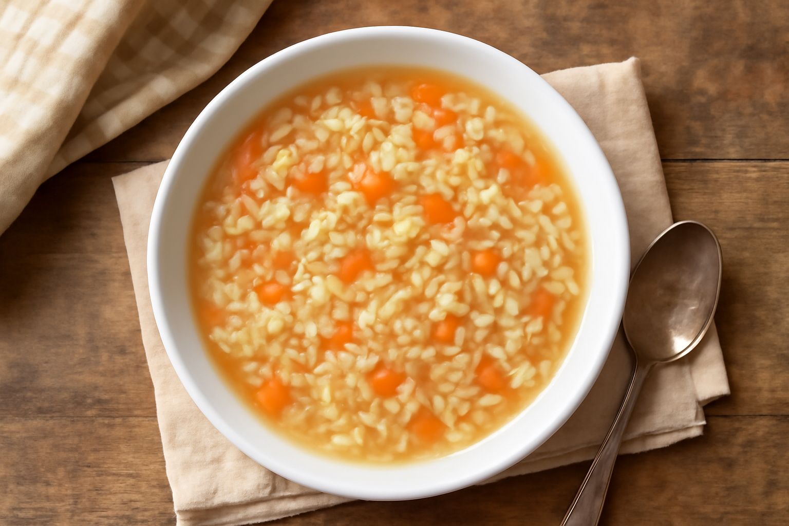 Ciotola bianca di minestra di riso fumante, riso morbido e cremoso in brodo trasparente color ambrato, cipolla e carota visibili, cucchiaio di legno appoggiato al bordo, piatto su tavolo di legno
