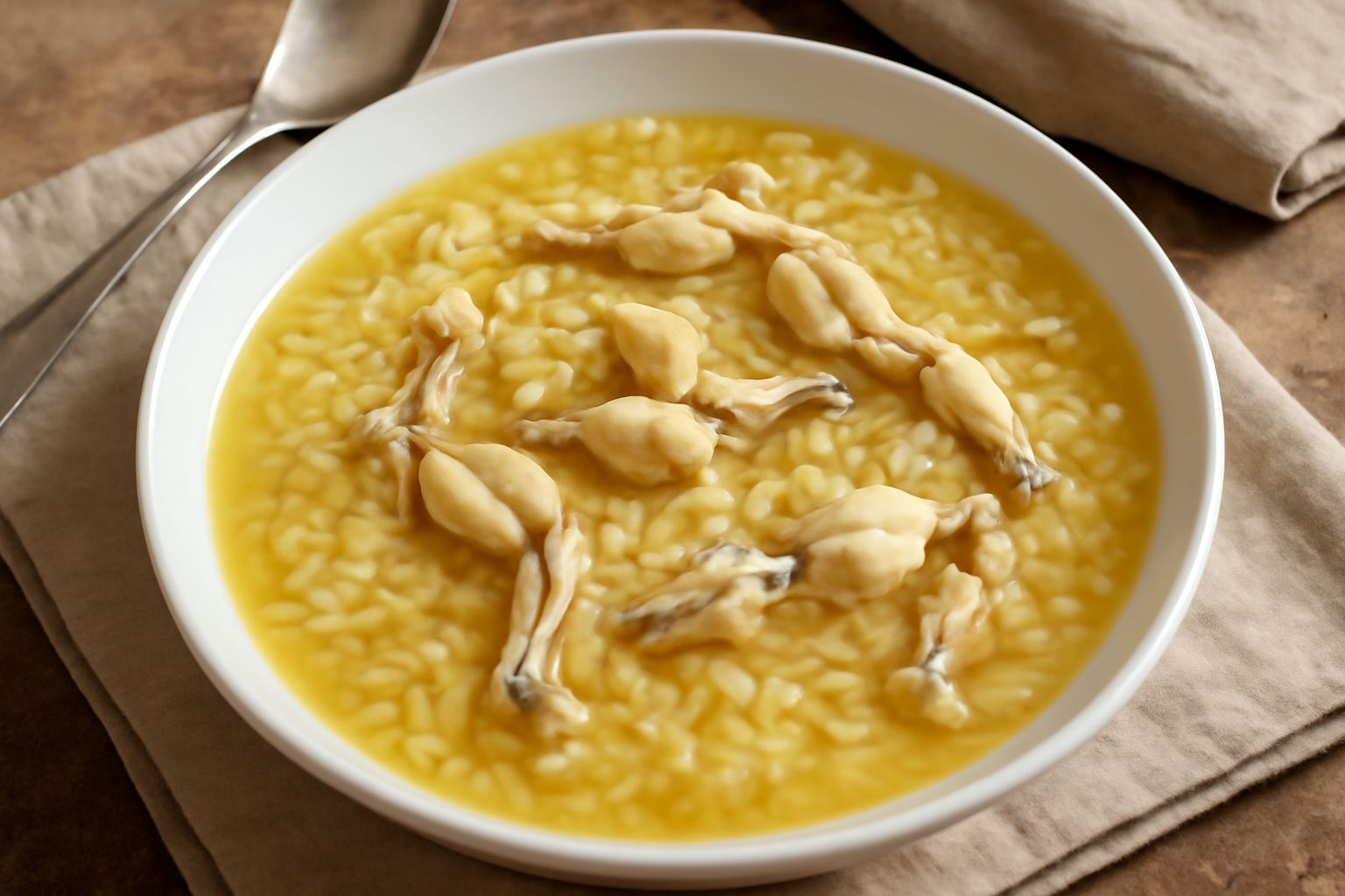 Una minestra di riso con le rane servita in una ciotola di ceramica bianca: riso giallo morbido, pezzi di rana cotta, brodo trasparente di dado vegetale o brodo di carne, prezzemolo fresco verde spars