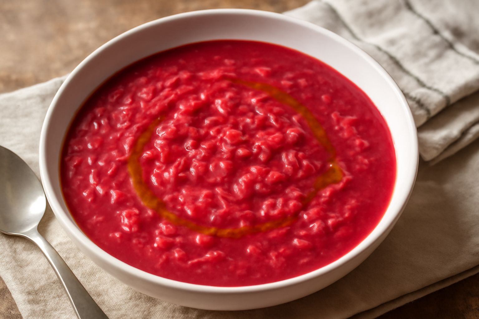 Minestra di riso e barbabietola in scodella bianca: brodo rosso magenta che avvolge chicchi di riso bianchi, superficie liscia e cremosa, qualche filo di barbabietola cruda grattugiata come guarnizion