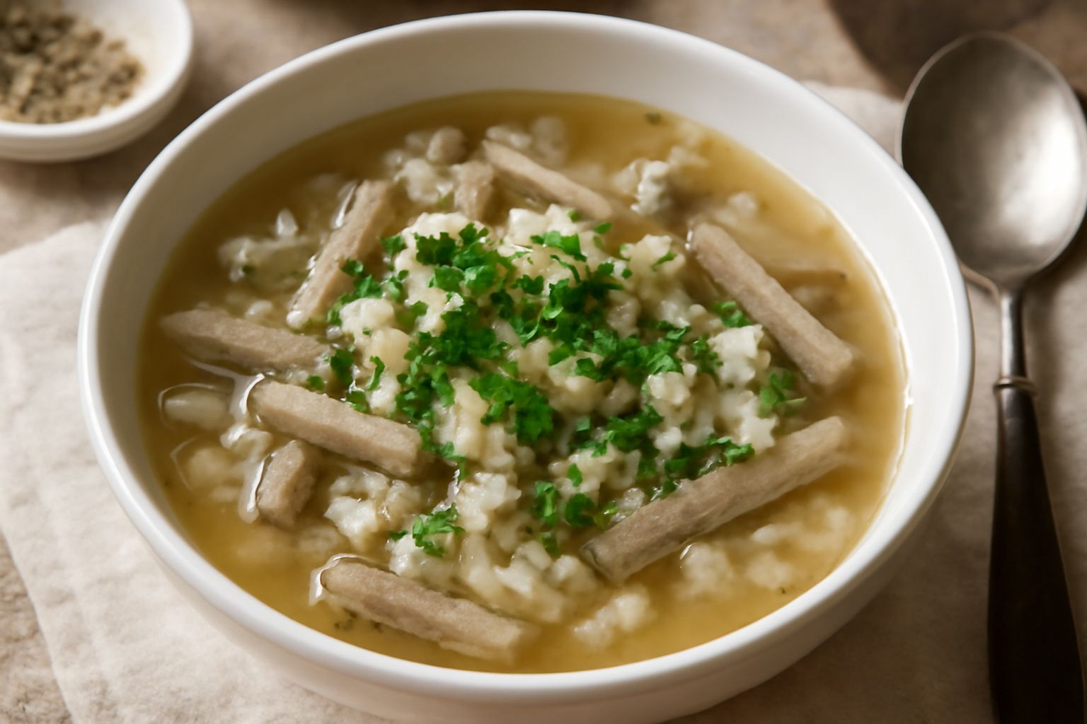 Minestra in ciotola bianca: brodo trasparente con chicchi di riso bianchi, pezzetti di bardana grigio-beige, gambi di prezzemolo verde in superficie, ciotola su tavolo di legno scuro