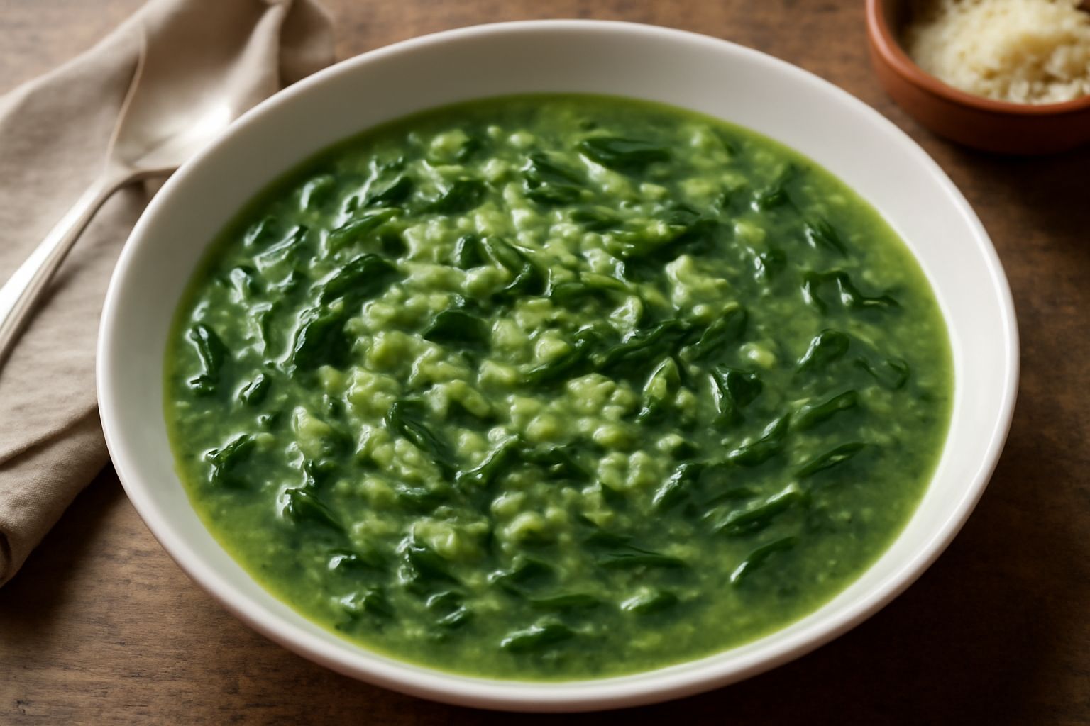 Minestra di riso e bietole in ciotola bianca, riso morbido immerso in brodo trasparente, verdure verdi scure in superficie, cucchiaio di legno appoggiato sul bordo