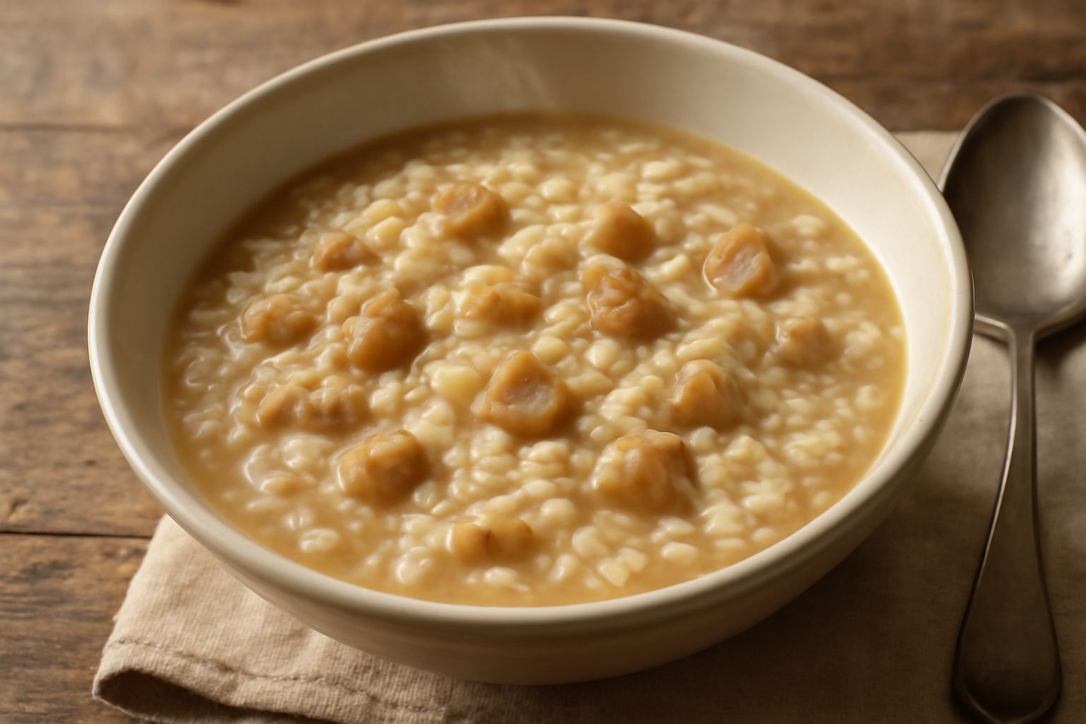 Minestra di riso e castagne in ciotola bianca, riso bianco cremoso mescolato a pezzi di castagne dorate, brodo trasparente e dorato, cucchiaio di legno dentro il piatto, vapore leggero