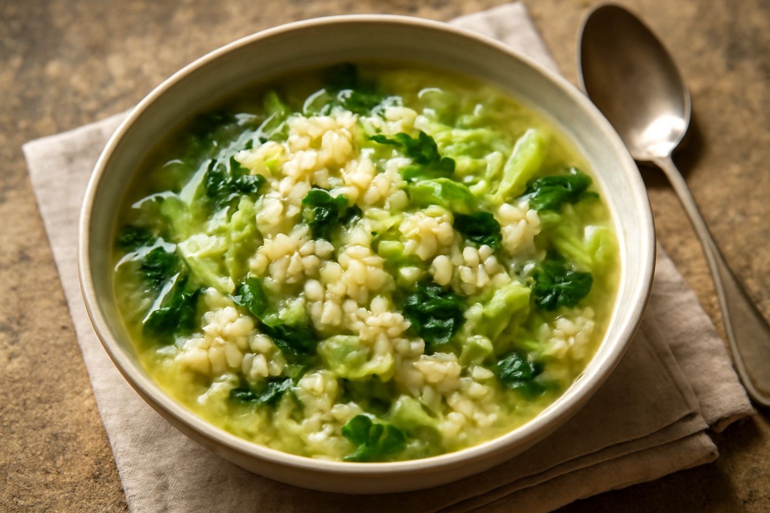 Minestra di riso e cavoli in una ciotola bianca, con chicchi di riso visibili nel brodo trasparente, cavoli verdi e bianchi tagliati in piccoli pezzi, vapore leggero che sale, contorno di pane tostato