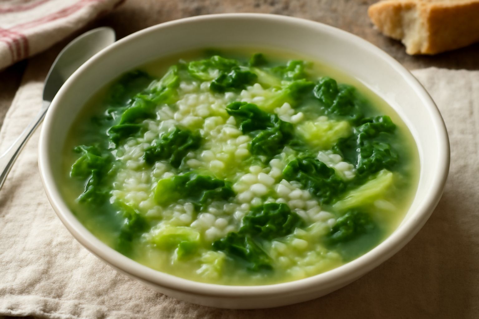 Minestra di riso e cavolo in una ciotola bianca, con riso bianco morbido, pezzi di cavolo verde scuro e brodo trasparente fumante, guarnita con un filo di olio d'oliva e pepe nero